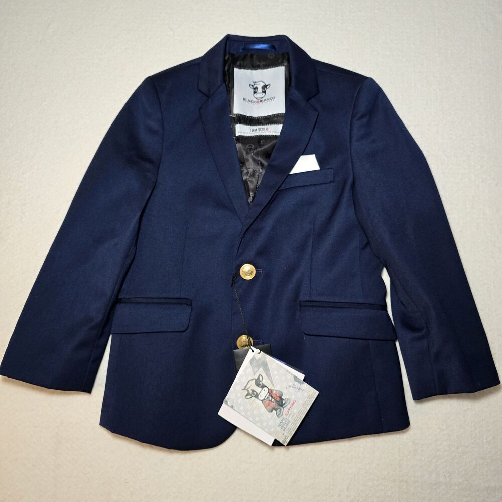 NWT Black N Bianco Boys Navy Blue Gold Button Blazer Suit Jacket Size 6